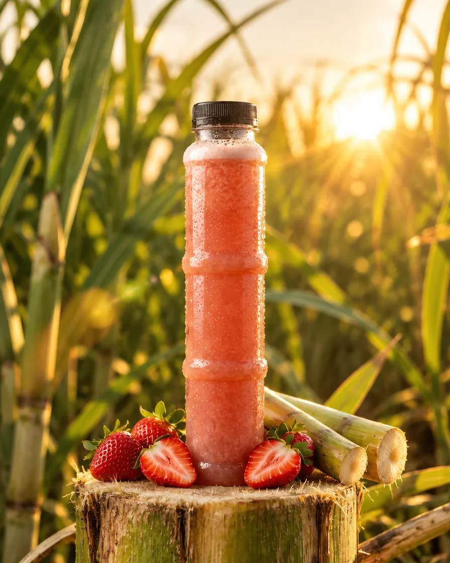 A Canefrost bottle on a cut cane stump in a sugarcane field at sunset